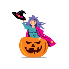 Vector Halloween Witch in pumpkin Cartoon Illustration.