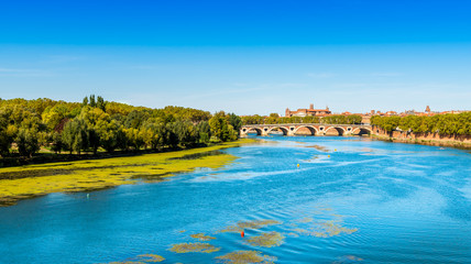 La Garonne et la Prairie des Filtres et le Pont Neuf à Toulouse en Midi-Pyrénées, Occitanie en France - obrazy, fototapety, plakaty