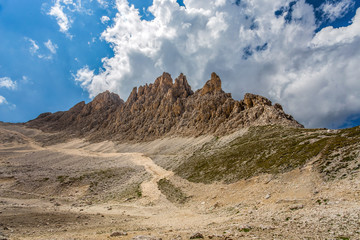 Mountain view of  Dolomites, Rosengartengruppe South Tyrol/ Italy, Europe. Dramatic scene. Beauty world.