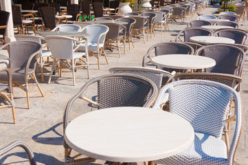 Street cafe in Budva, Montenegro. Outdoor furniture.
