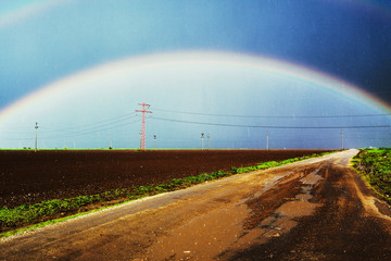 Rainbow over country road