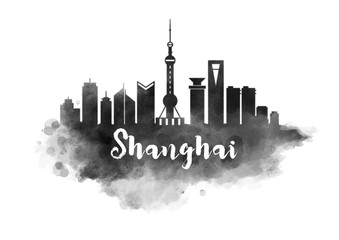 Watercolor Shanghai City Skyline