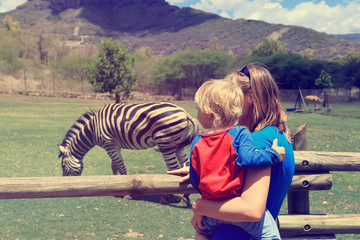 mother and little son looking at zeebra
