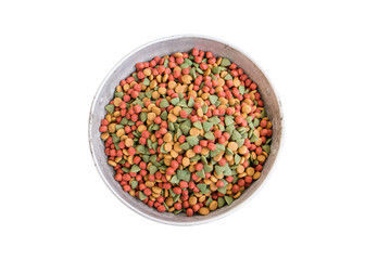 Dry dog food in aluminium bowl isolated on white background