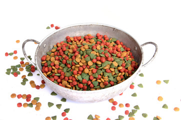 Dry dog food in aluminium bowl on white background