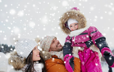 happy family with child in winter clothes outdoors