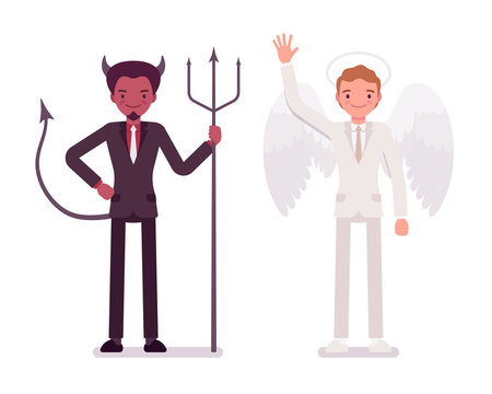 Male angel and devil in a formal wear. Cartoon vector flat-style illustration