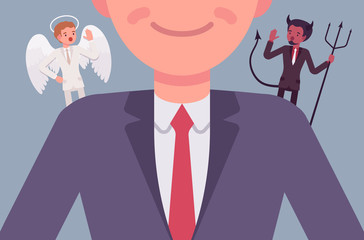 Angel and devil on the man shoulders, suggesting. Cartoon vector flat-style concept illustration