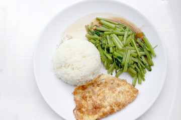 Stir-Fried Chinese Morning Glory, Water Spinach, Tumis Kangkung, stir fried morning glory .phad puk boong fri dang. thai food.