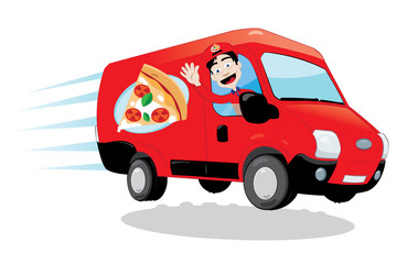 a vector cartoon representing a funny pizza delivery van driven by a friendly man cheering