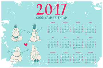 Big wall monthly calendar for New Year 2017. Decorative vintage hand drawn funny snowmen. Sunday start