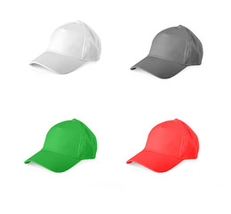 Set of colored baseball caps on a white background.