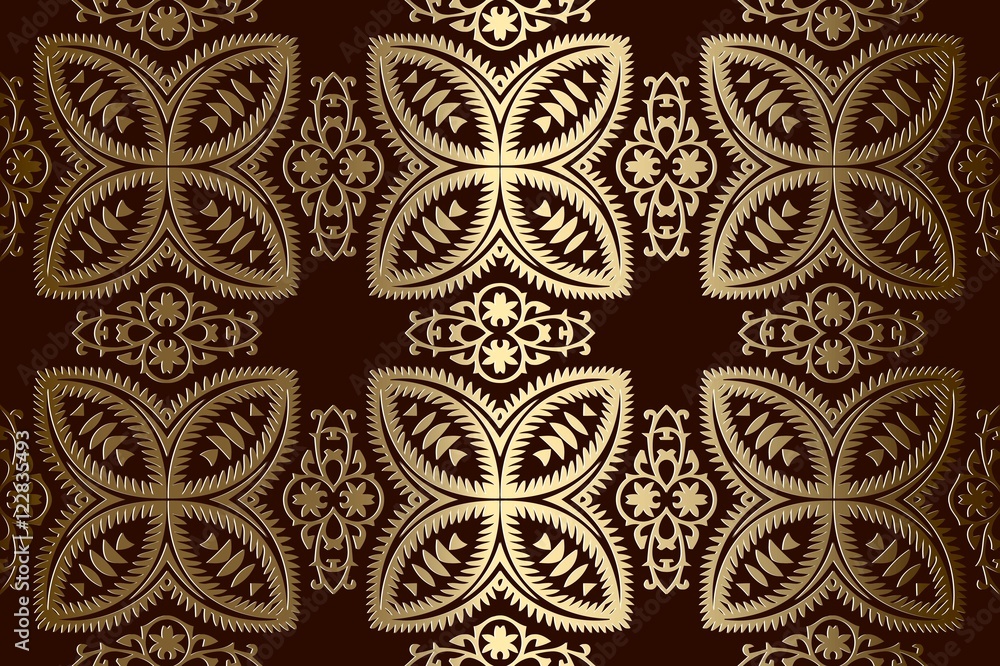 Poster abstract gold geometric symmetrical pattern embossed bronze color on a dark background