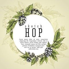 Beer hops round frame hand drawn hops branches with leaves, cones and hops flowers, color sketch and engraving design hops plants. All element isolated. Common hop or Humulus lupulus branch.