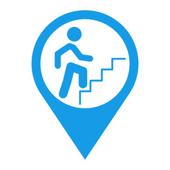 Icono plano localizacion hombre subiendo escalera azul