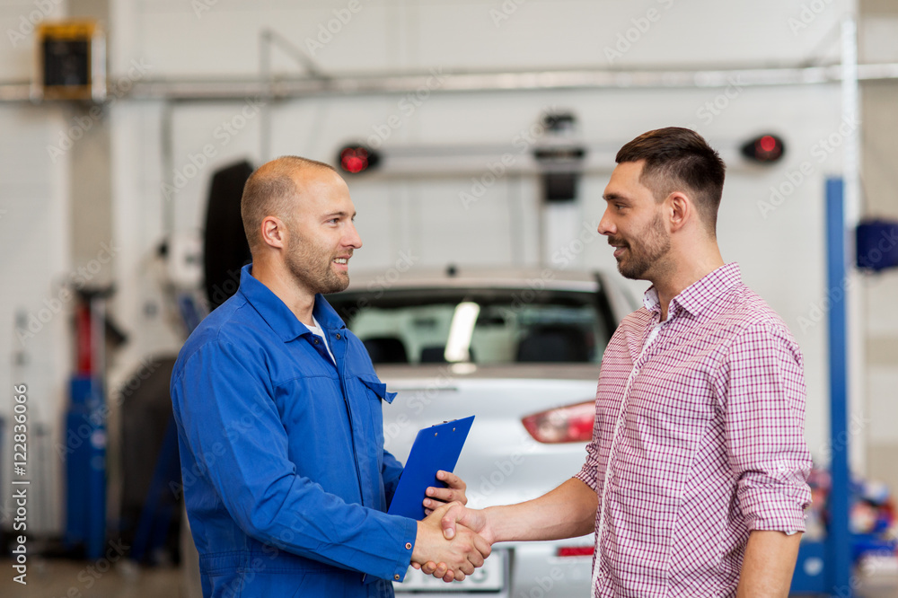 Poster auto mechanic and man shaking hands at car shop