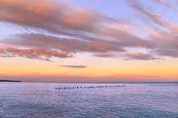 Obraz premium bright beautiful sunset over the sea. Red long cloud in the blue sky. In the distance is the Cape lit by the sun, in the water columns from the old wooden pier. 