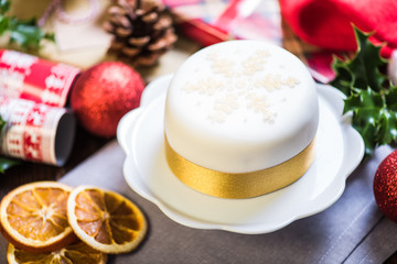 Traditional Christmas cake with festive decorations