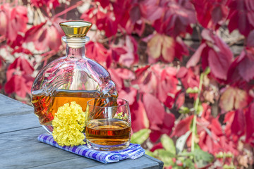 Bottle and glass whiskey with flower on table in garden