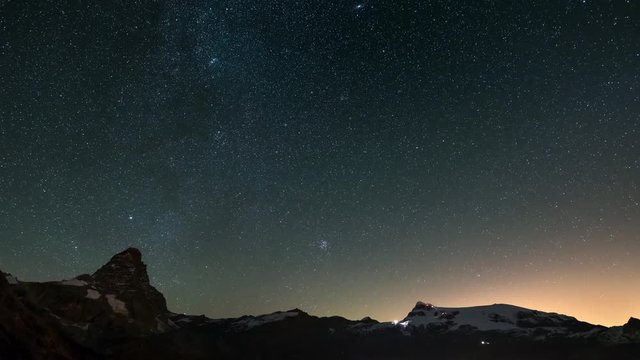 The apparent rotation of the starry sky over the majestic Matterhorn or Cervino mountain peak and the Monte Rosa glaciers, italian side. Time Lapse 4k video.