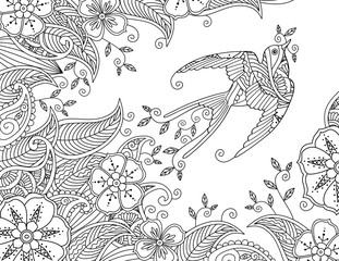 Coloring page with beautiful flying bird and floral background.