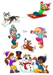 Children are playing with snow