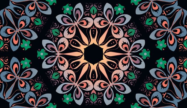 abstract floral ornament traditional folk painting on a black background