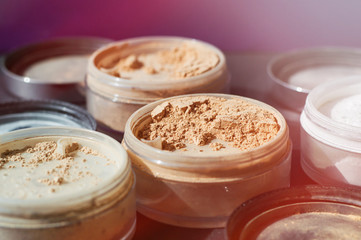 Beige make-up powder for perfect matt foundation. Variety of mineral powders of nude colors