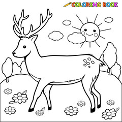 Deer in the forest. Vector black and white coloring page.	