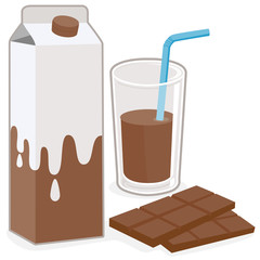 Carton of chocolate milk, glass of chocolate milk and a bar of chocolate. Vector illustration