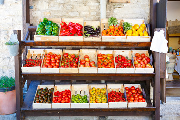Organic fresh tomatoes from mediterranean farmers market in Gree