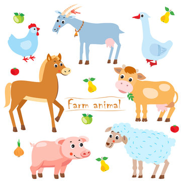 Hen. Goat. Goose. Horse. Cow. Pig. Sheep. Farm Animals. Pets. Animals On A White Background. Vector Illustration. Farm Animals For Sale. Farm Animals Toys. Farm Animals For Kids. Farm Animals Babies.