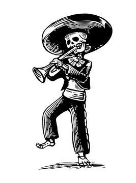 Day of the Dead, Dia de los Muertos. The skeleton in the Mexican national costumes dance and play the trumpet.