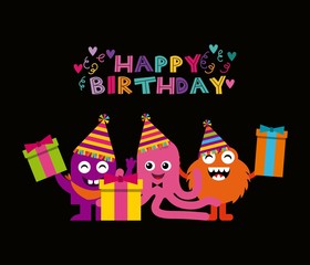 monster characters in birthday party vector illustration design