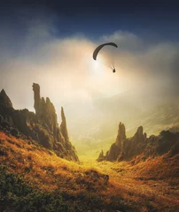 Tuinposter Paraglide silhouette flying over the mountain valley © Bashkatov