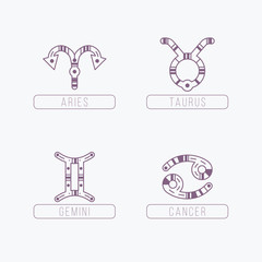 Zodiac Signs with Ethnic patterns. Geometric and aztec decor elements.