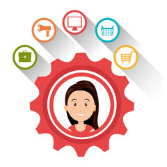 avatar woman smiling inside cogwheel and business and shopping icon set. vector illustration