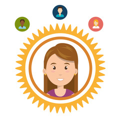 avatar woman smiling inside cogwheel andsocial media icon set. vector illustration