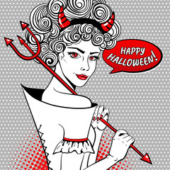 Happy Halloween! Sexy devil smiling woman with curly hair, red horns, trident and speech bubble. Vector background in pop art retro comic style. Halloween party invitation poster.