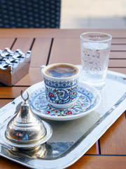  Traditional turkish coffee on a wicker tray..