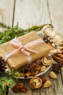 Christmas preasent nuts cinnamon ribbon