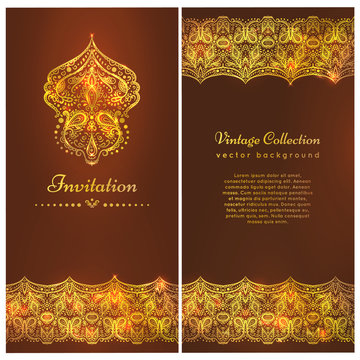 A luxury vintage vector card. Invitation with beautiful golden ornaments ,damask frame, border. Gold royal template