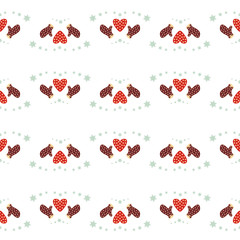 Obraz premium Repeating decorated red hearts and mittens silhouette seamless pattern on the white (transparent) background. Christmas and Happy New Year symbol concept vector illustration