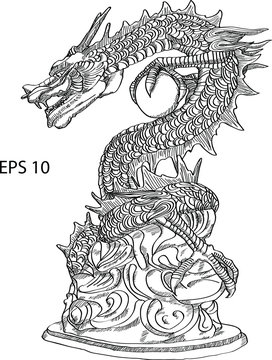 Chinese Style Dragon Statue Vector line Sketch Up, EPS 10.