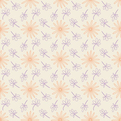 Seamless background pattern with repeating flowers and leaves contour on the pastel background. Vector eps illustration
