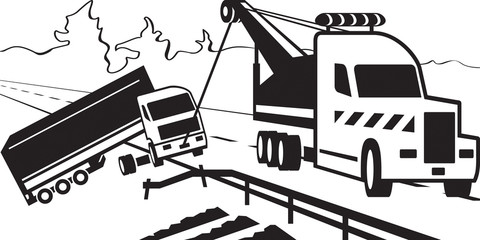 Tractor pulls on road crashed truck - vector illustration