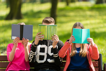 Czytanie książek na wesoło przez młodzież szkolną w parku - obrazy, fototapety, plakaty