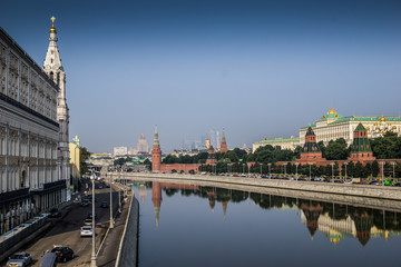 Panoramic view to Moscow Kremlin from bridge over Moscow river.