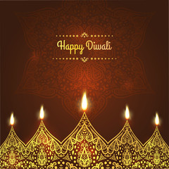 Happy Diwali, vector. Greeting Card design for Diwali festival with beautiful ornamental lamps, flame of a candle