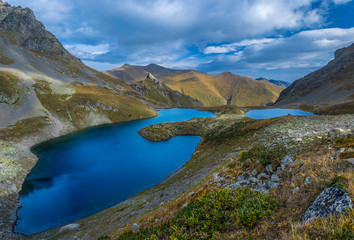 Urup blue lakes in the mountain valley. Caucasus mountains.